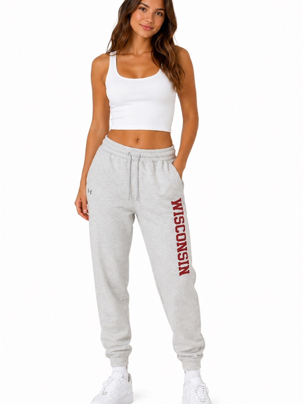 🤍Under Armour Gray Sweatpants with Red 'Wisconsin' Vertical Logo